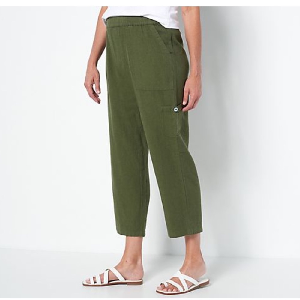 Susan Graver Womens Pure Linen Blend  Cropped Pants Olive Green Medium EUC
